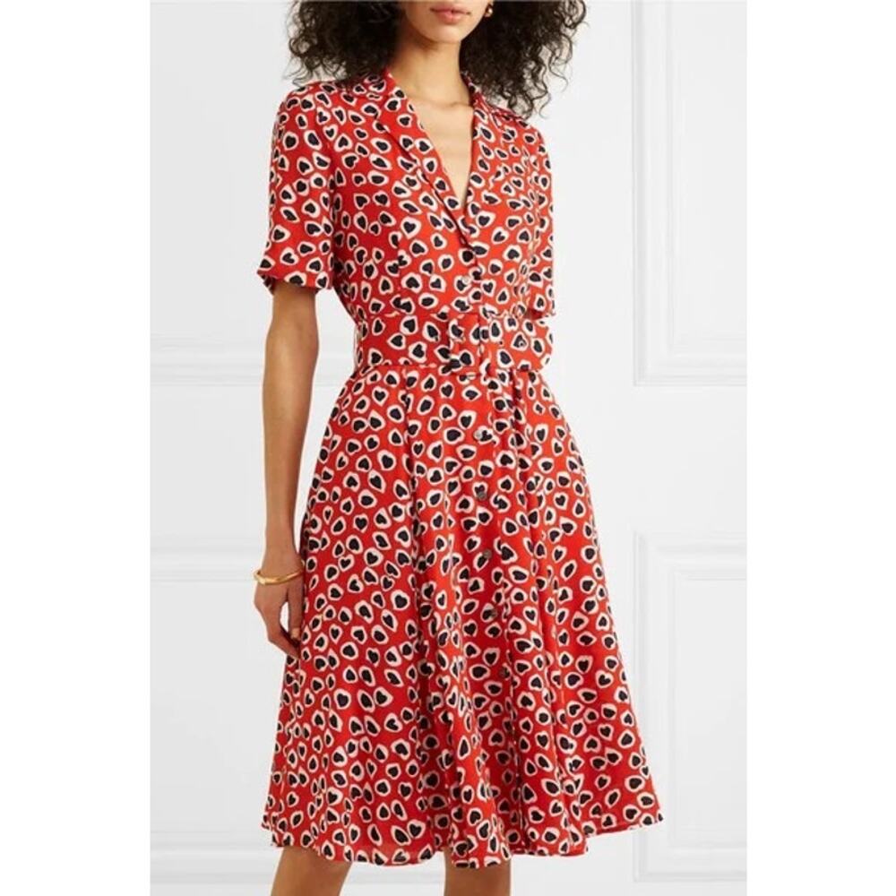 J. CREW Red Hearts Rudbeckia Style Midi Dress Size 6 Belted Rockabilly Retro